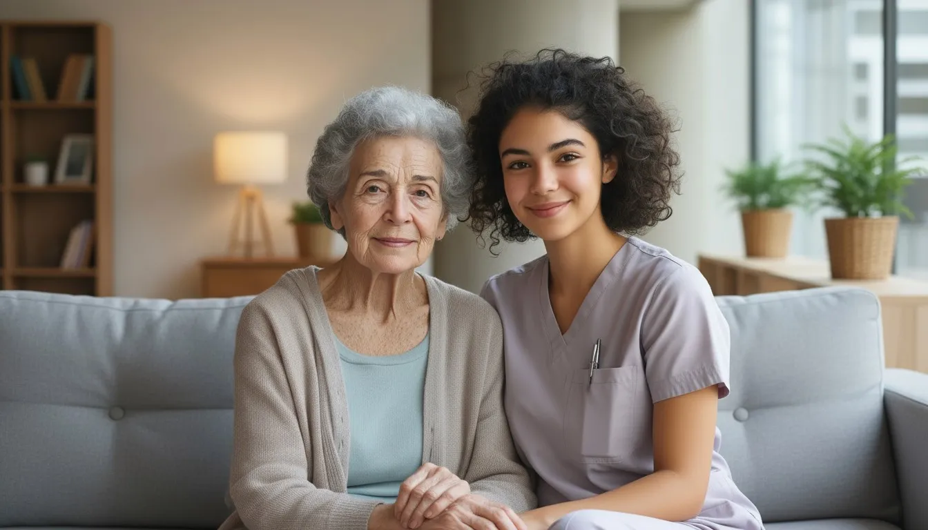 Seniorin und Pflegekraft sitzen gemeinsam auf einem Sofa im Haus Valentina